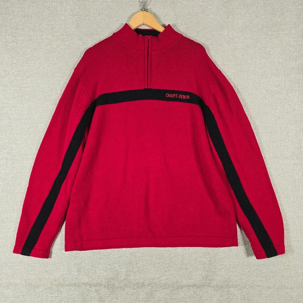 Chaps Denim Vintage 1/4 Zip Sweater Mens XL Red Black Stripe Cotton Pullover Y2K